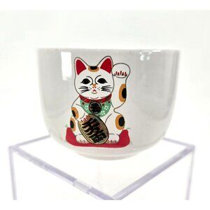 Japanese Lucky Cat Ceramic Bow Cup For Tea or Rice je195